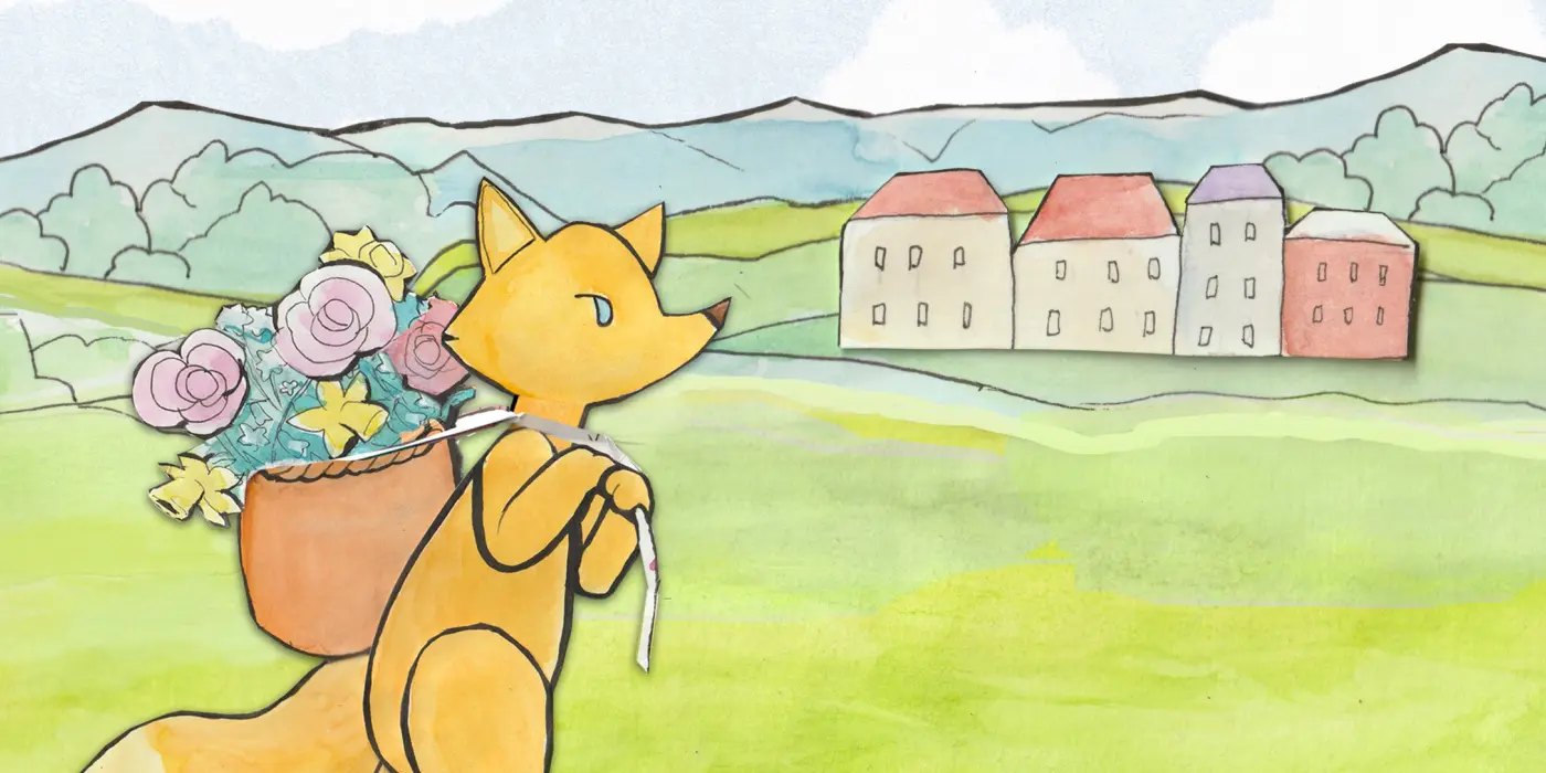 fox carrying basket of flowers